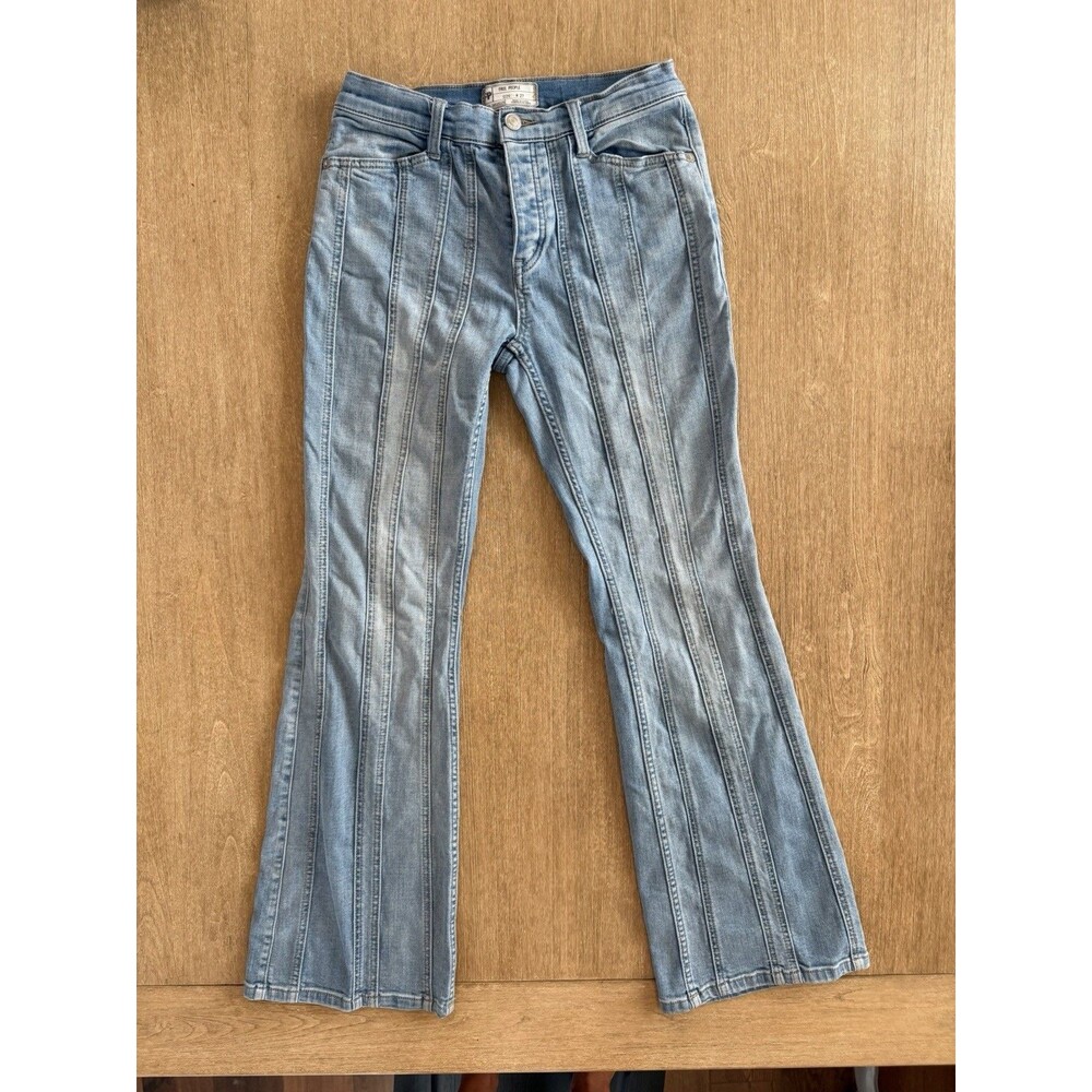 Free People Pintuck Flare Jeans Women’s27 Light Wash High Rise Bell Bottom Denim